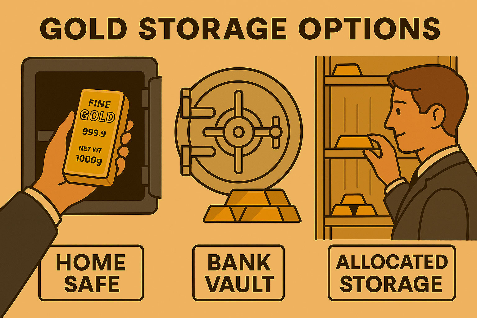 Gold bar being stored in home safe, bank vault, and professional facility